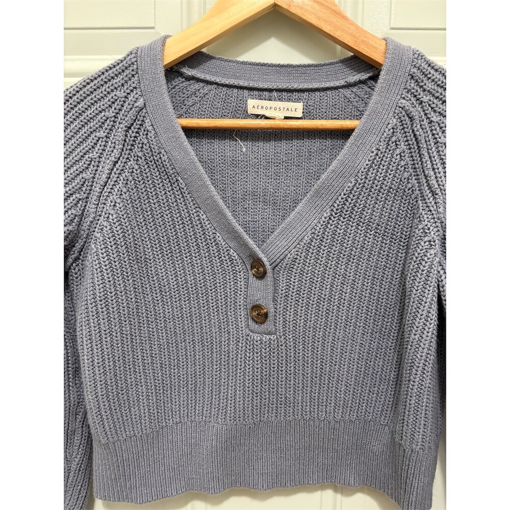 Aéropostale Sweater Womens Size S Blue Cropped Chunky Rib Knit Henley - Picture 2 of 8